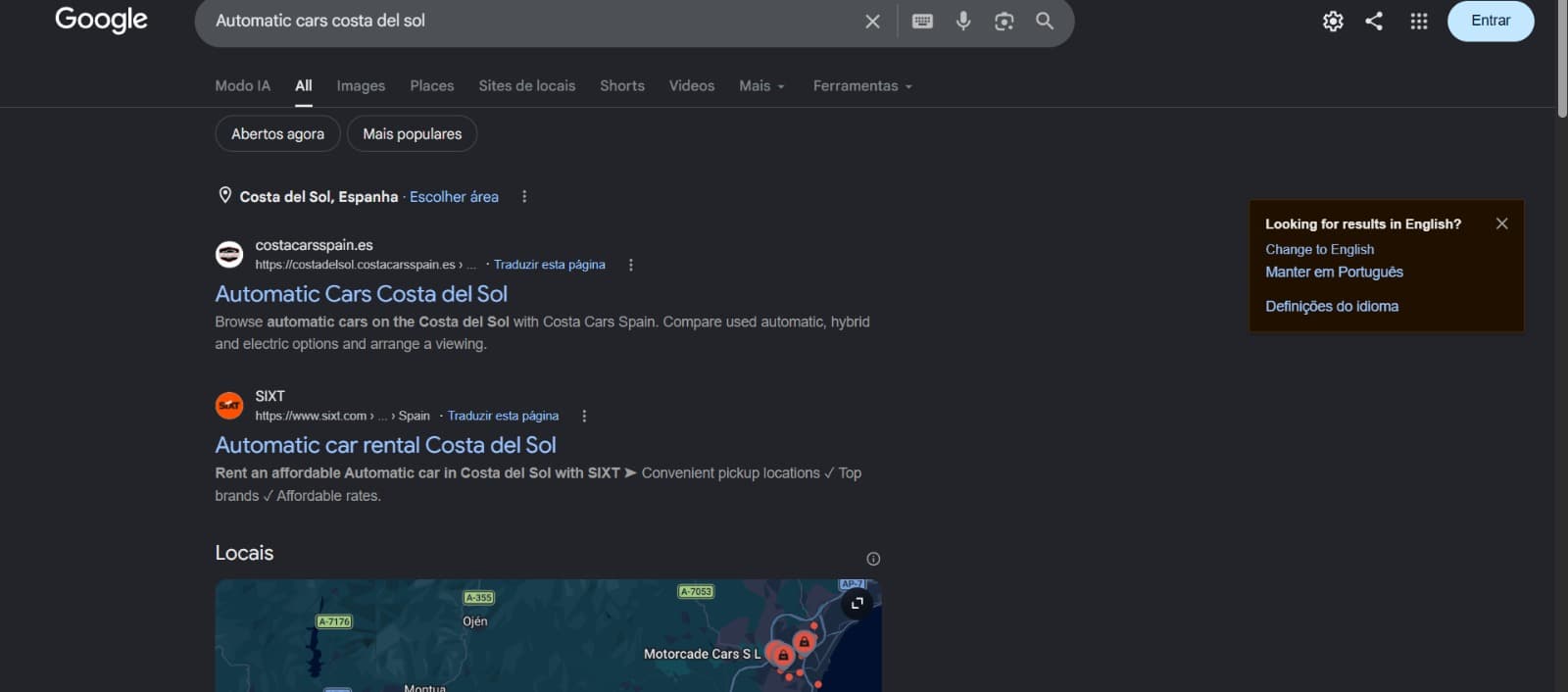 Google search results showing Costa Cars Spain ranked #1 for automatic cars on the Costa del Sol