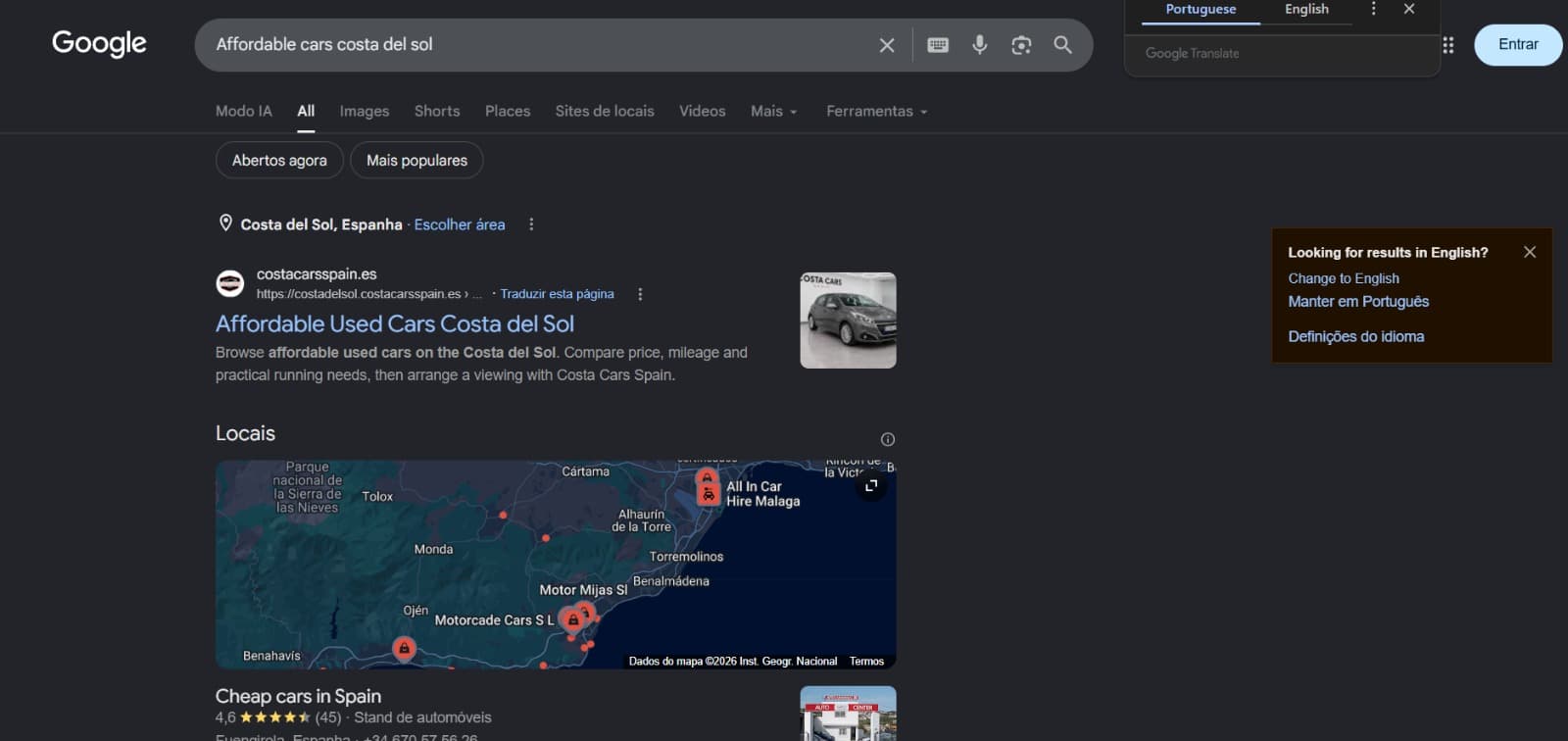 Google search results showing Costa Cars Spain ranked #1 for financed cars on the Costa del Sol