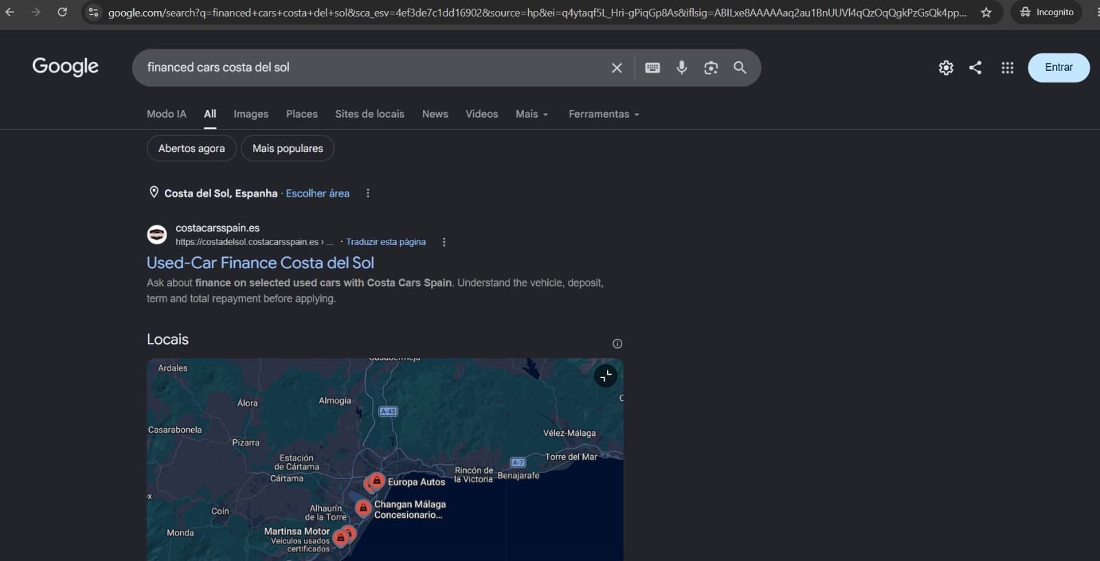 Google search results showing Costa Cars Spain ranked #1 for affordable cars on the Costa del Sol