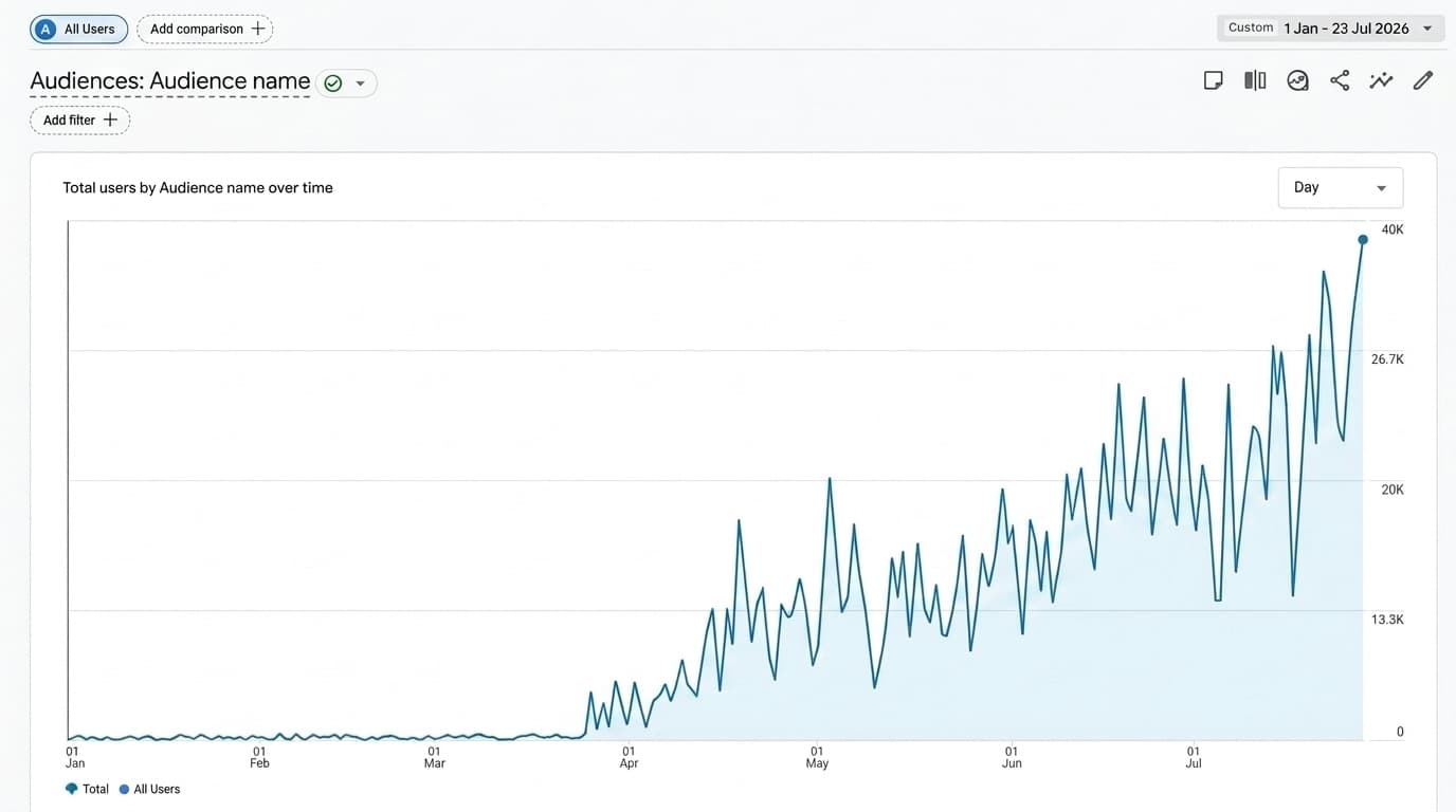 AutoThinkAI analytics dashboard showing explosive traffic growth from 20 to 20,000 daily visitors