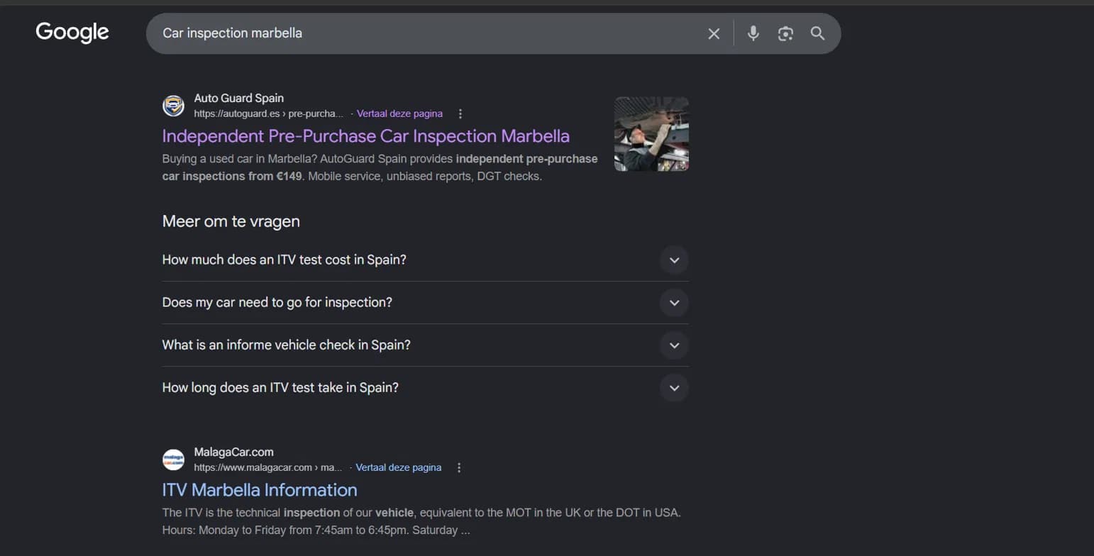 Google search results showing AutoGuard ranked #1 for car inspection Costa del Sol, above the ITV website