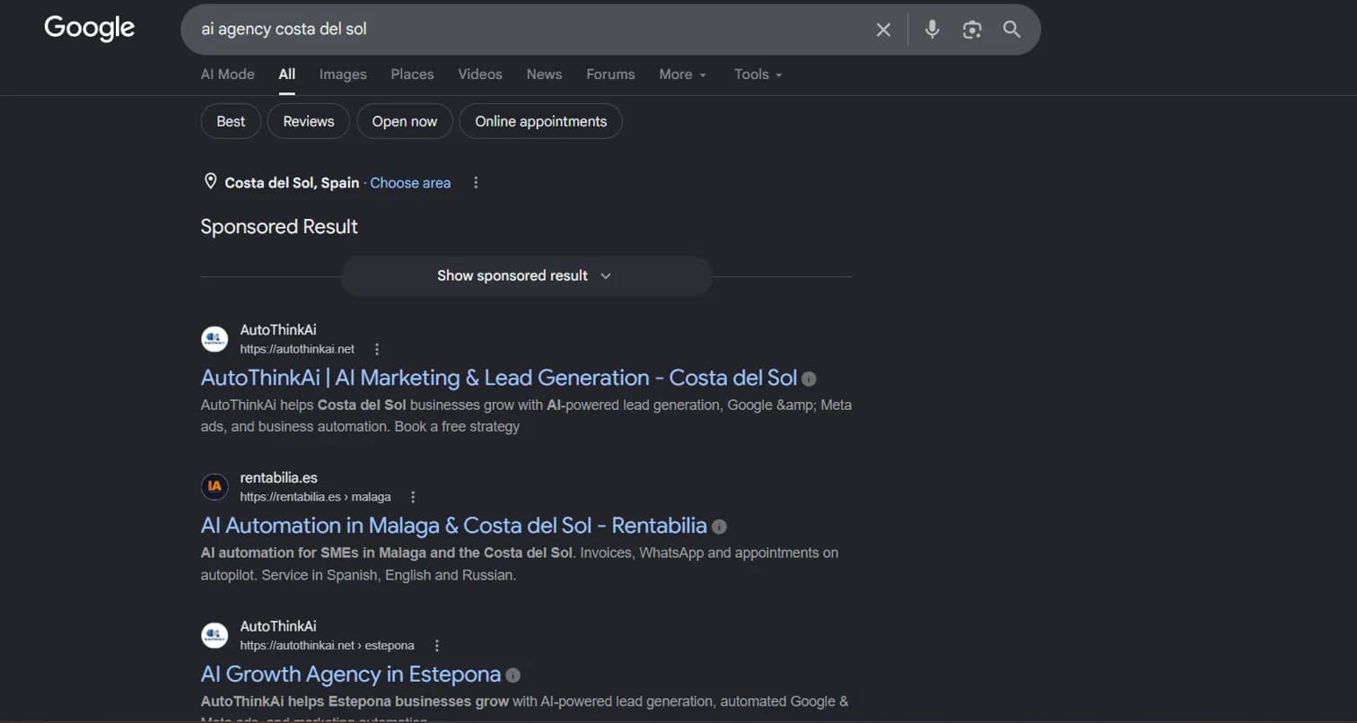 Google search results showing AutoThinkAI ranked #1 for AI agency Costa del Sol