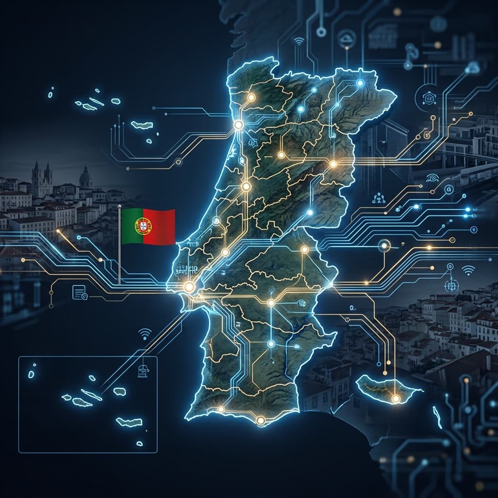 Mapa de Portugal ligado por uma rede digital de IA e automação empresarial